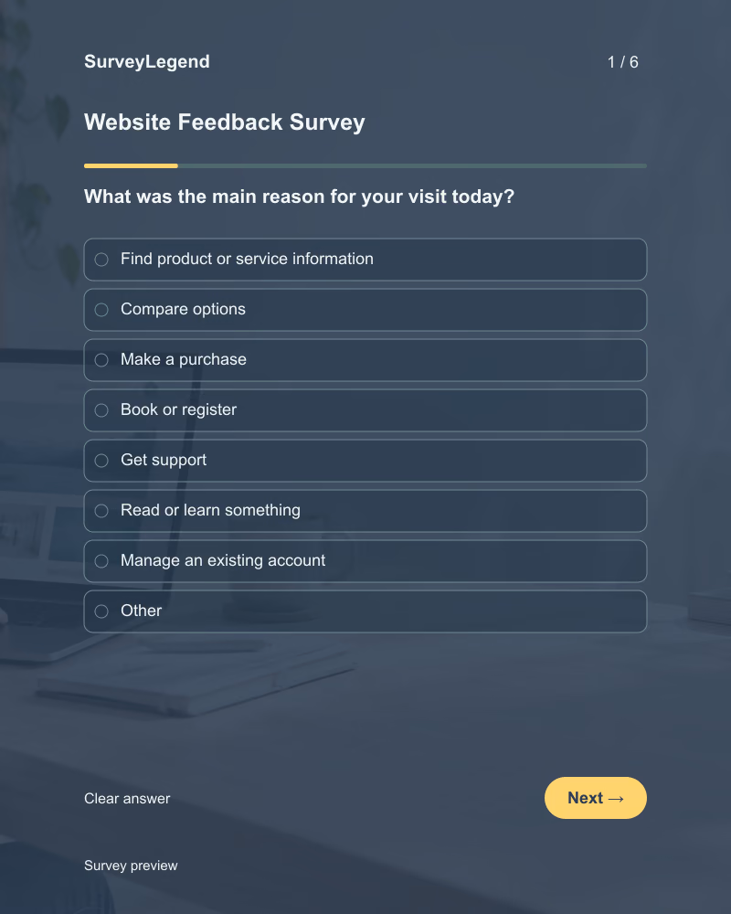 Website Feedback Survey: first question and response field, tablet preview