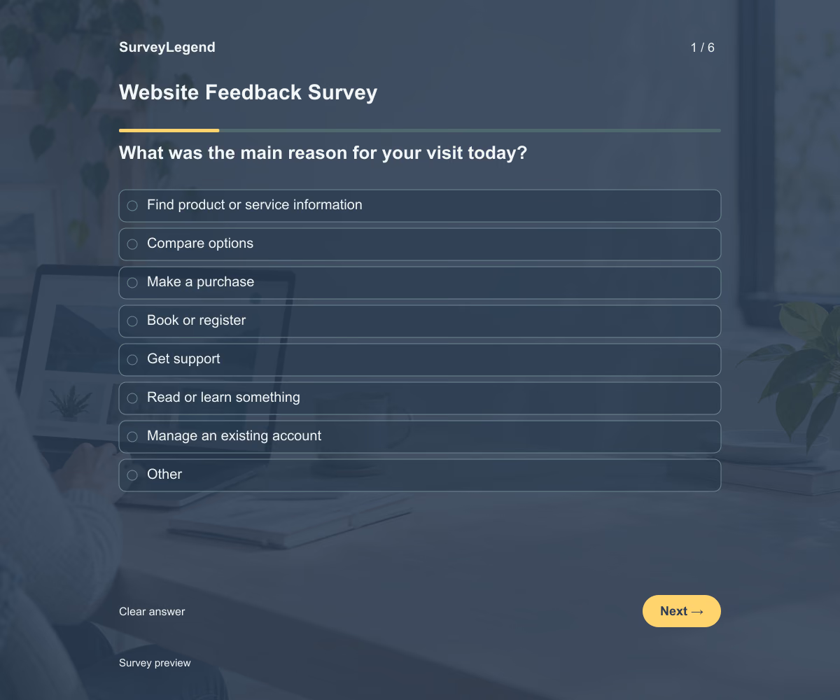 Preview of the Website Feedback Survey demo showing its first question and answer options