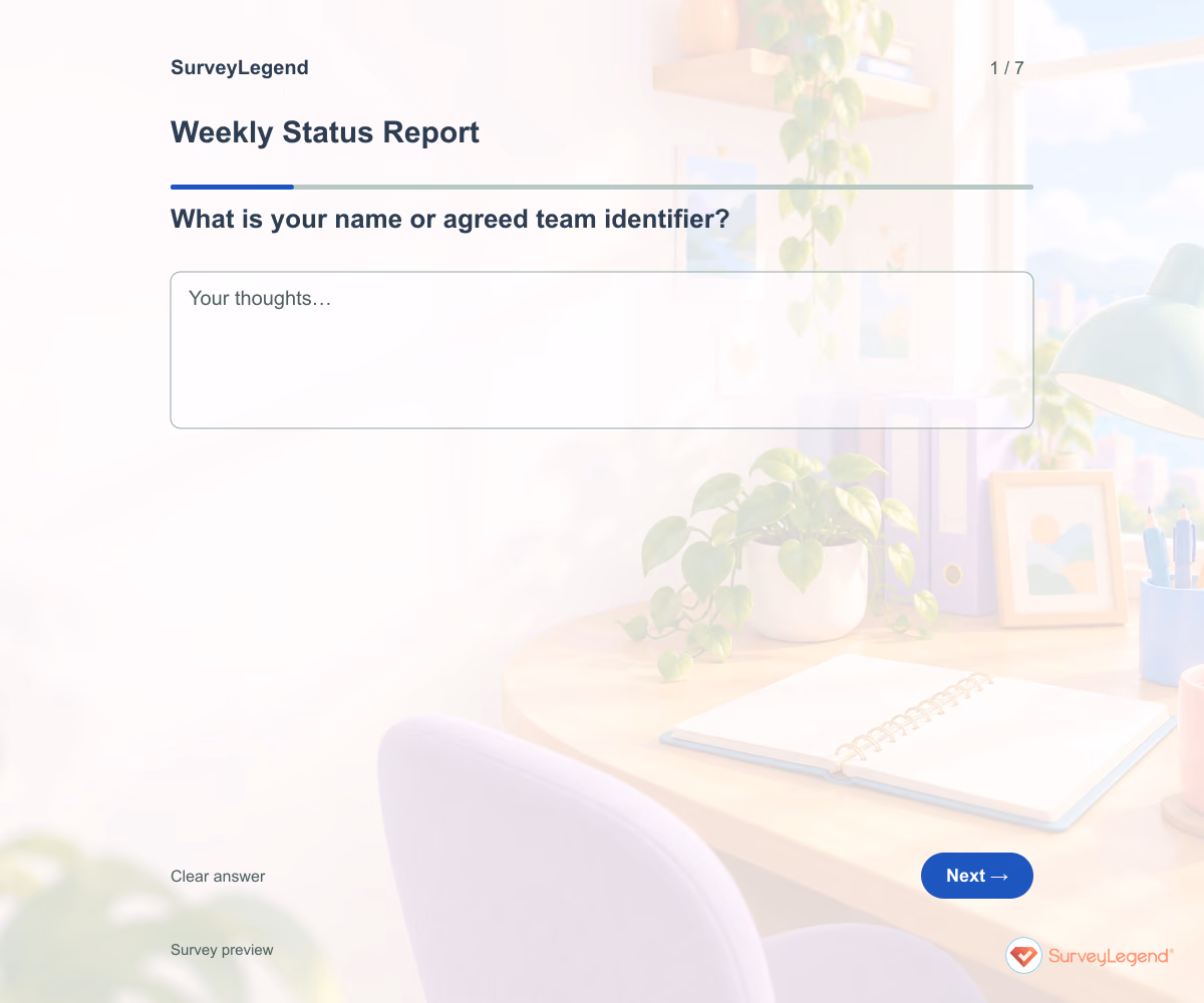 Preview of the Weekly Status Report demo showing its first question and answer choices