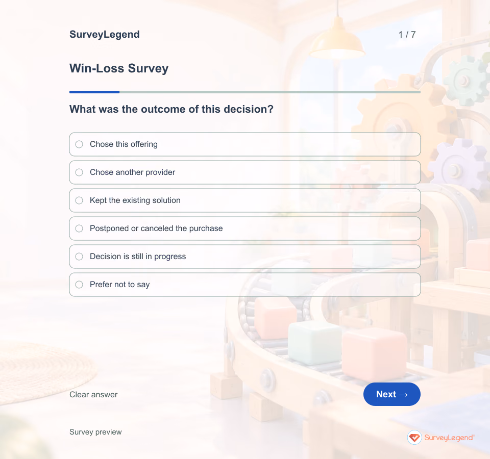 Preview of the Win-Loss Survey Template demo showing its first question and answer choices