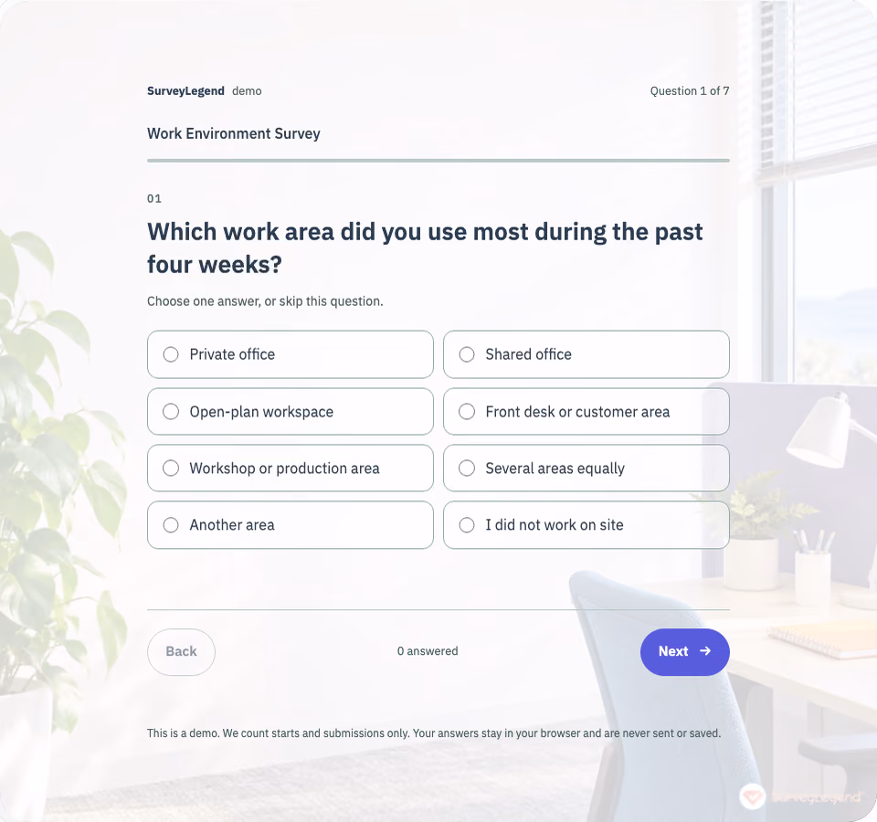 Preview of the Work Environment Survey Template showing its first question and answer choices