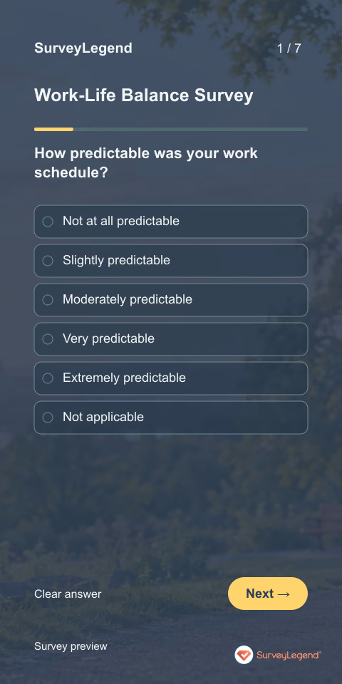 Work-Life Balance Survey: first question and response field, mobile preview