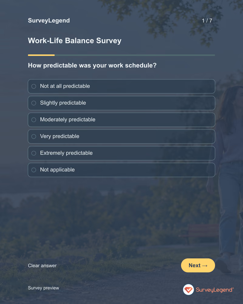 Work-Life Balance Survey: first question and response field, tablet preview