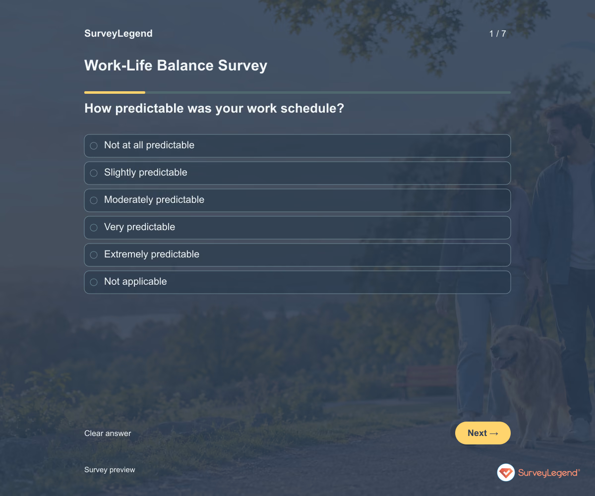 Preview of the Work-Life Balance Survey demo showing its first question and answer choices