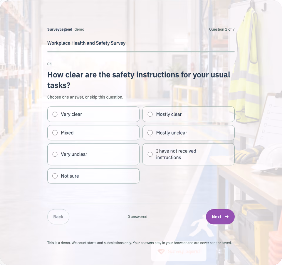 Preview of the Workplace Health and Safety Survey Template showing its first question and answer choices