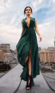 Look A: long green dress with a front slit