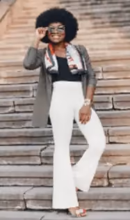 Look B: gray blazer over a black top and white wide-leg trousers