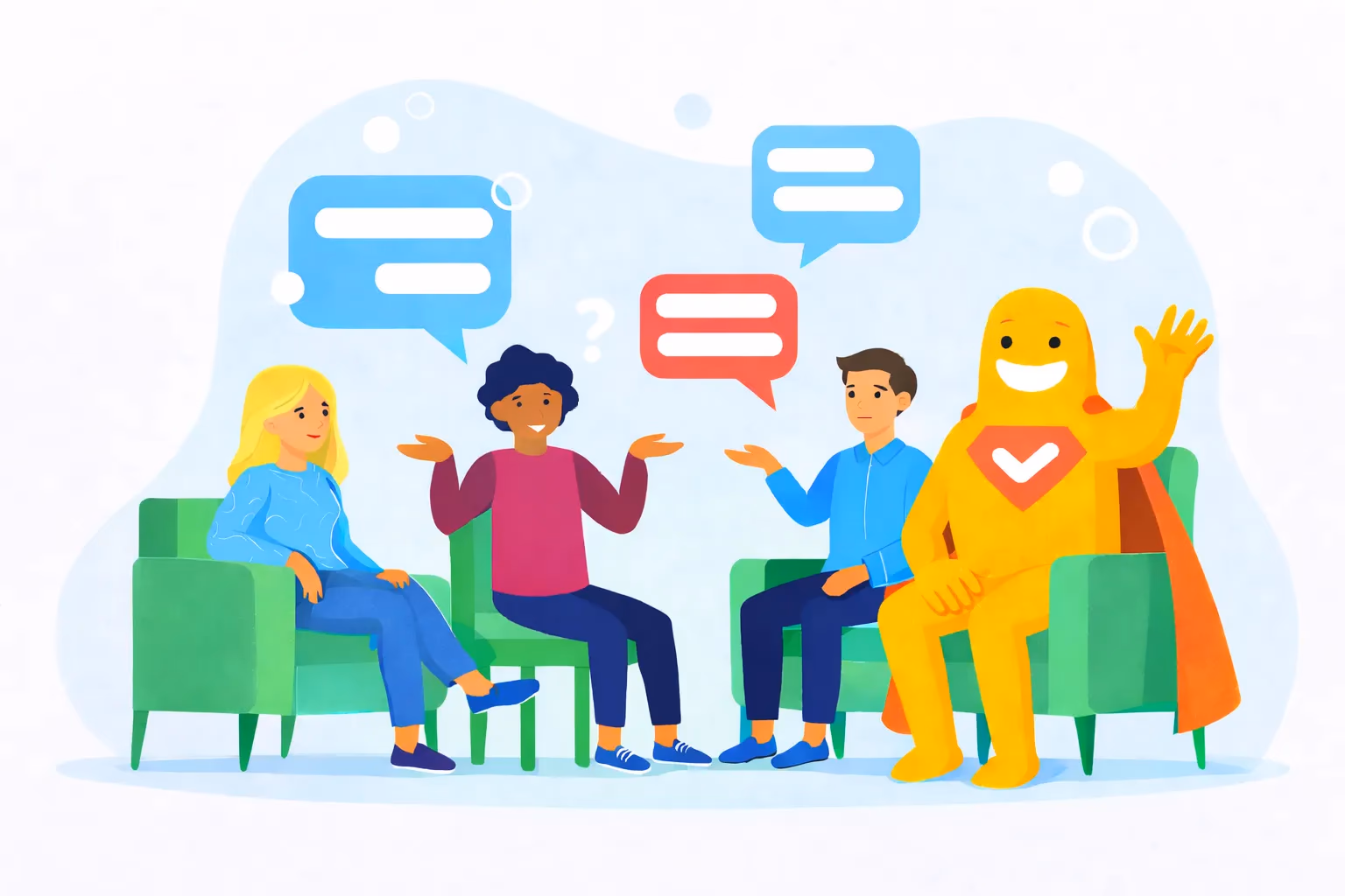 Illustration of a focus group survey with participants seated in discussion, sharing opinions through speech bubbles during a moderated group conversation.