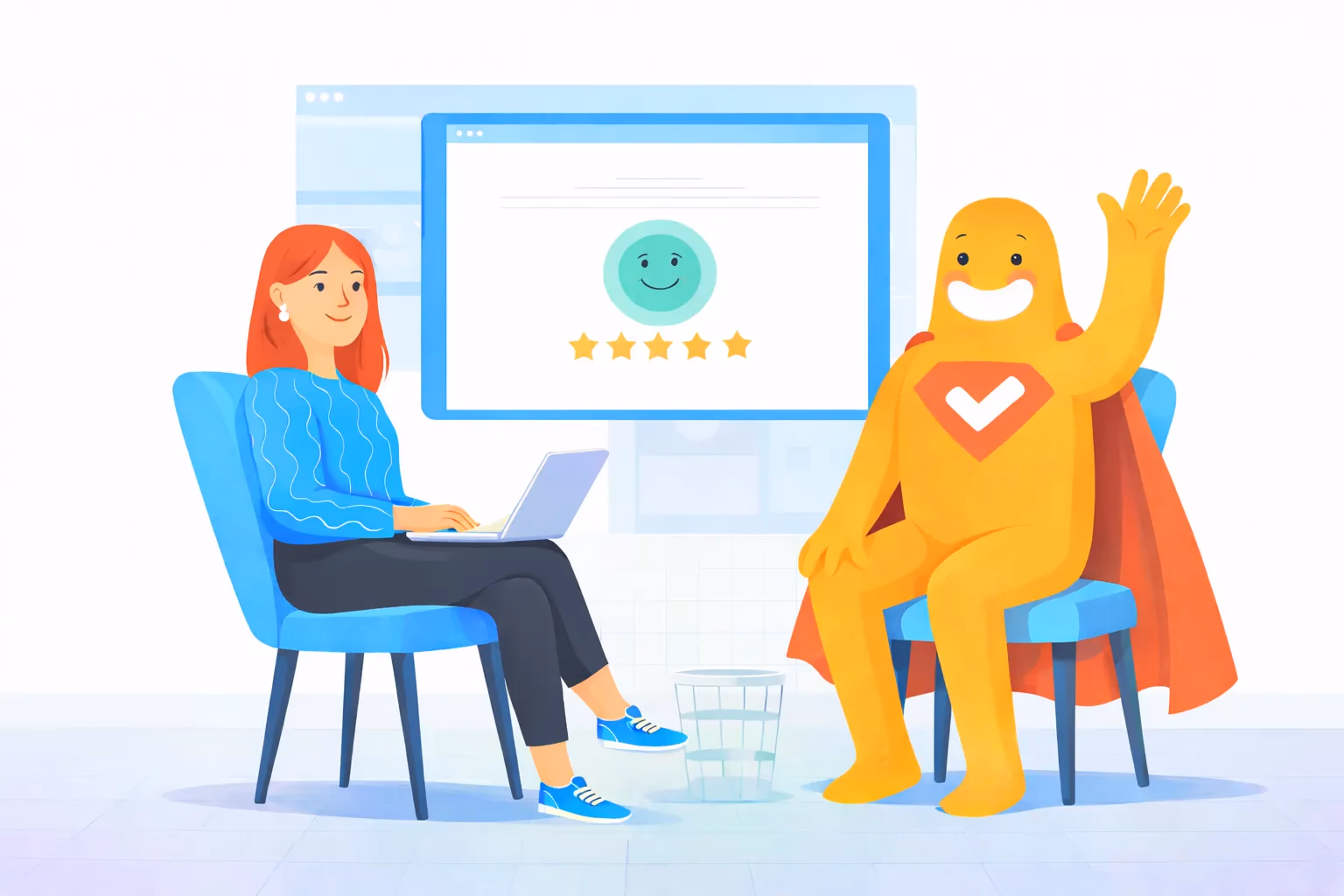 Illustration of an intercept survey showing a website visitor giving a star rating while interacting with a real-time feedback pop-up.