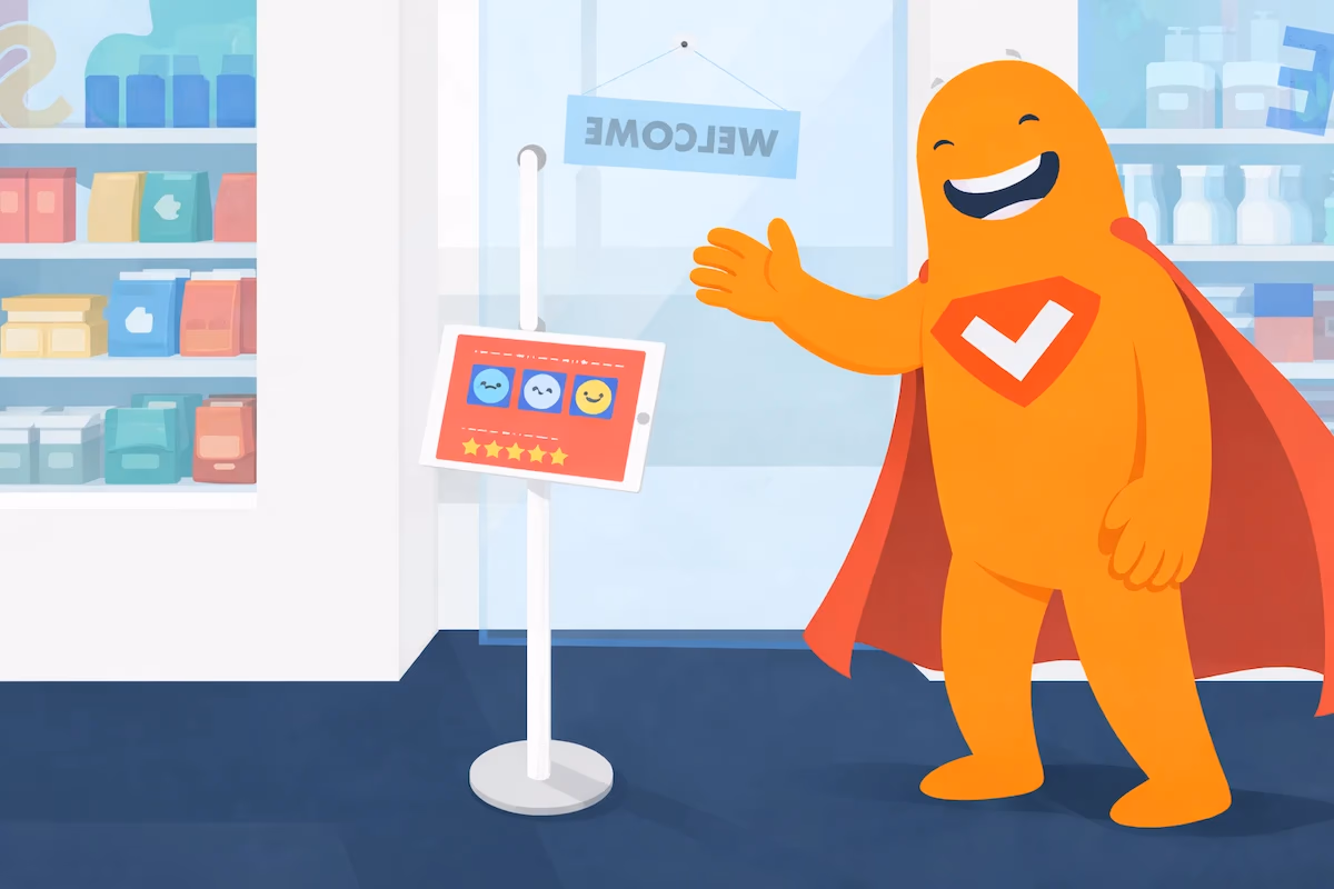 SurveyLegend mascot standing next to an in-store kiosk survey screen with smiley rating options, collecting customer feedback in real time.