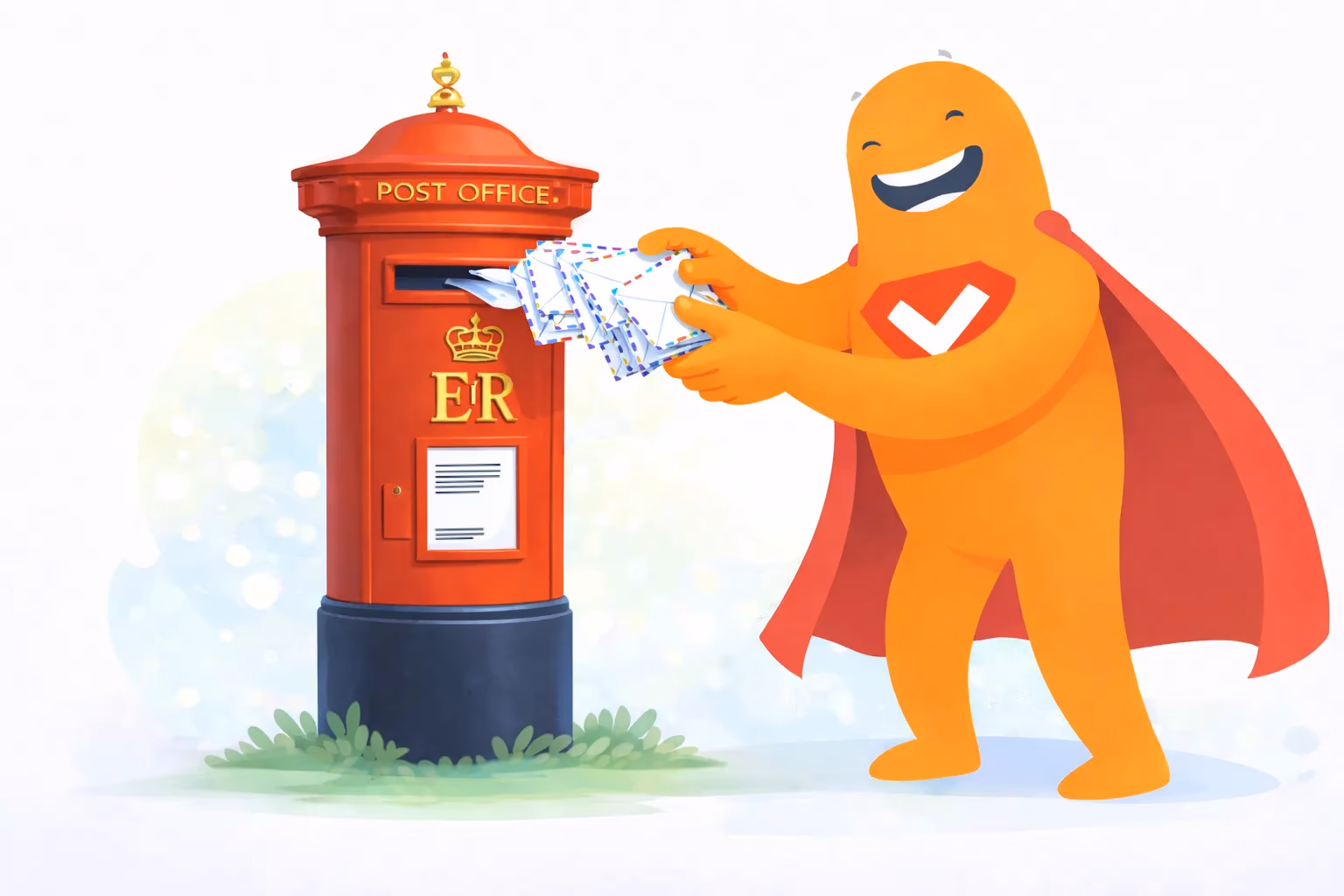 SurveyLegend mascot posting multiple letters into a red mailbox, illustrating a mail survey using physical questionnaires.