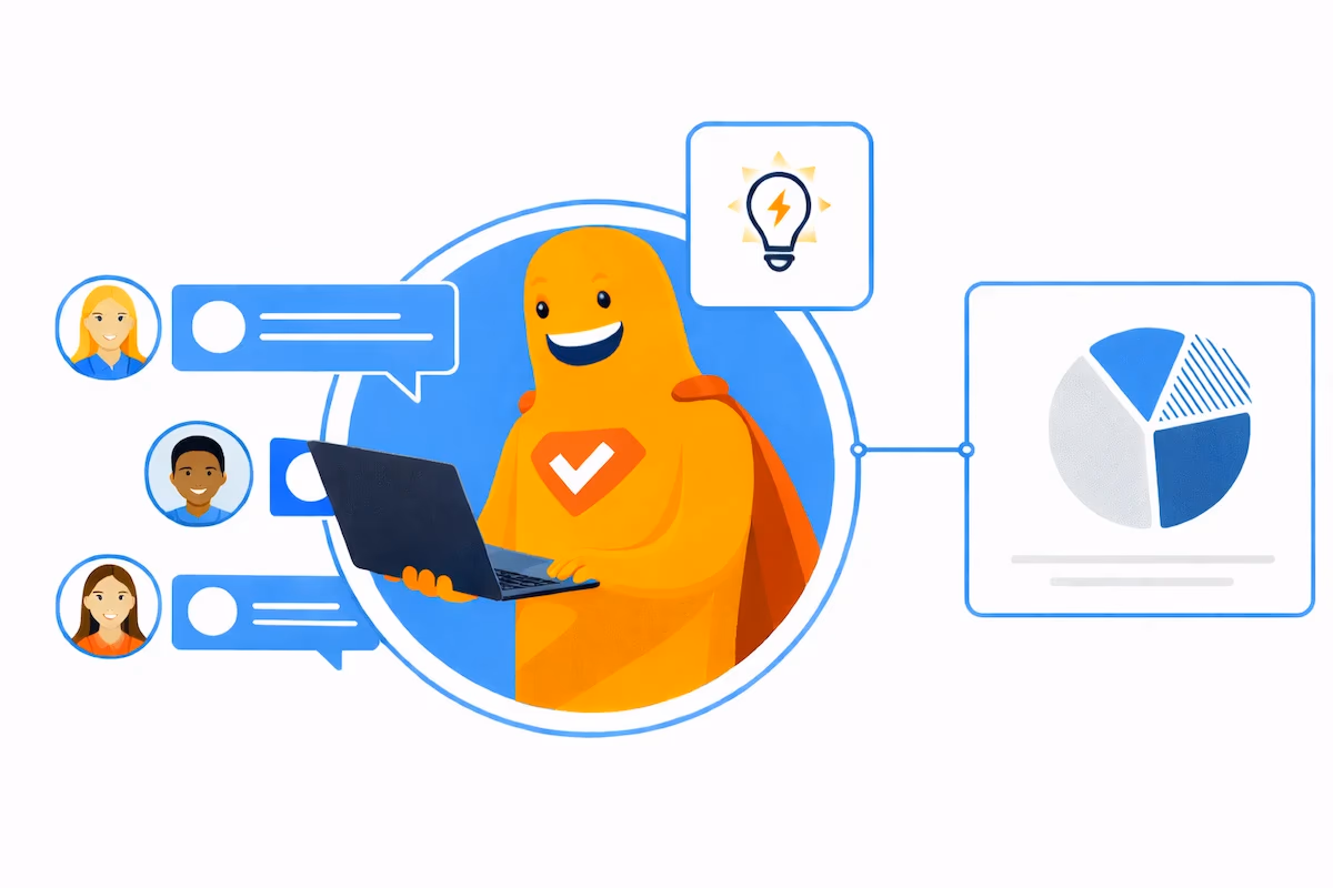 SurveyLegend mascot analyzing market research survey feedback on a laptop, with respondent icons, chat bubbles, and a pie chart report.