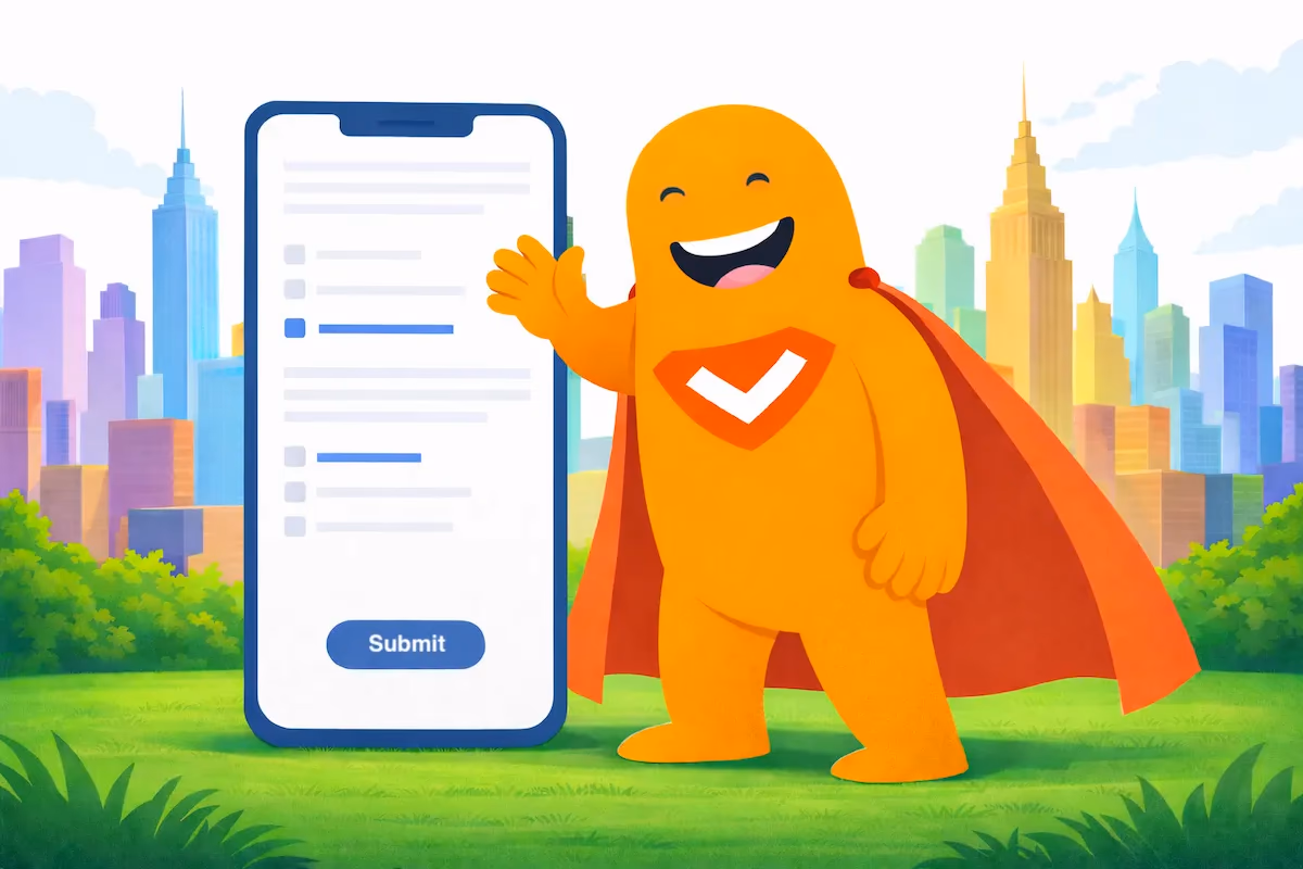 SurveyLegend mascot waving beside a smartphone showing a mobile survey form with a “Submit” button, with a city skyline in the background.