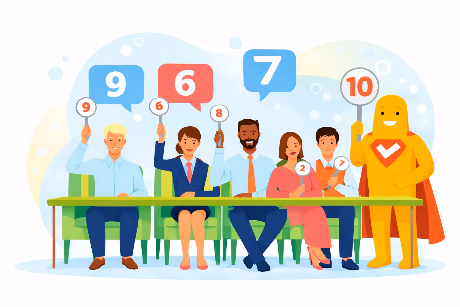 Illustration of a panel survey with participants holding numbered rating cards, representing repeated feedback collection over time.
