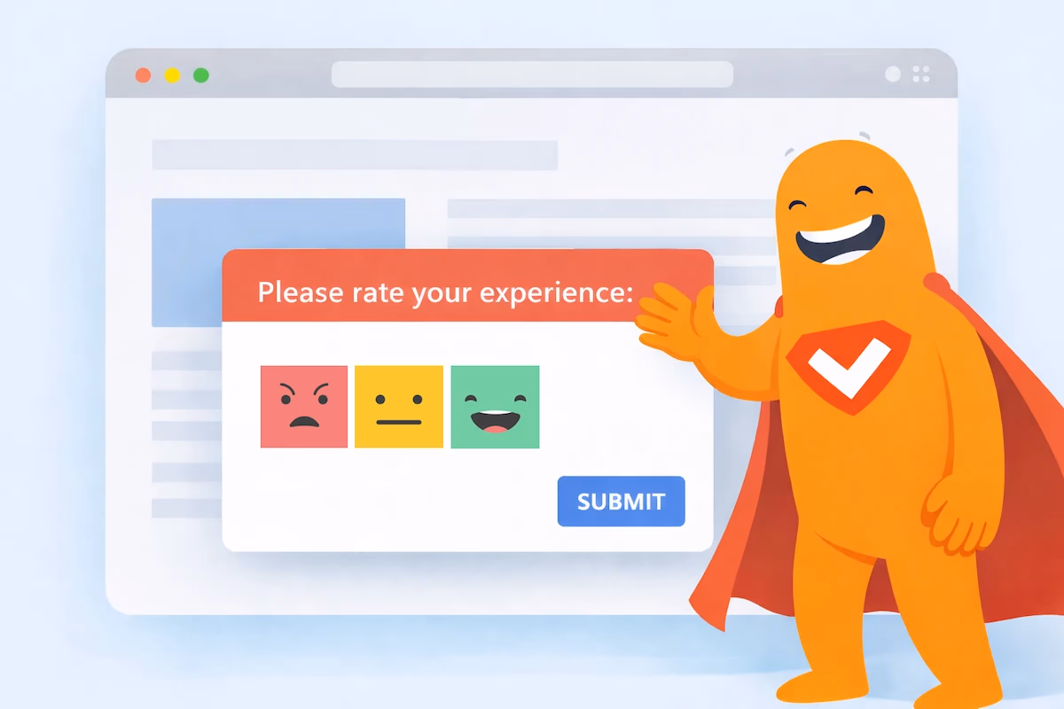 Pop up survey window on a website asking users to rate their experience, with the SurveyLegend mascot presenting a smiley-based feedback form.
