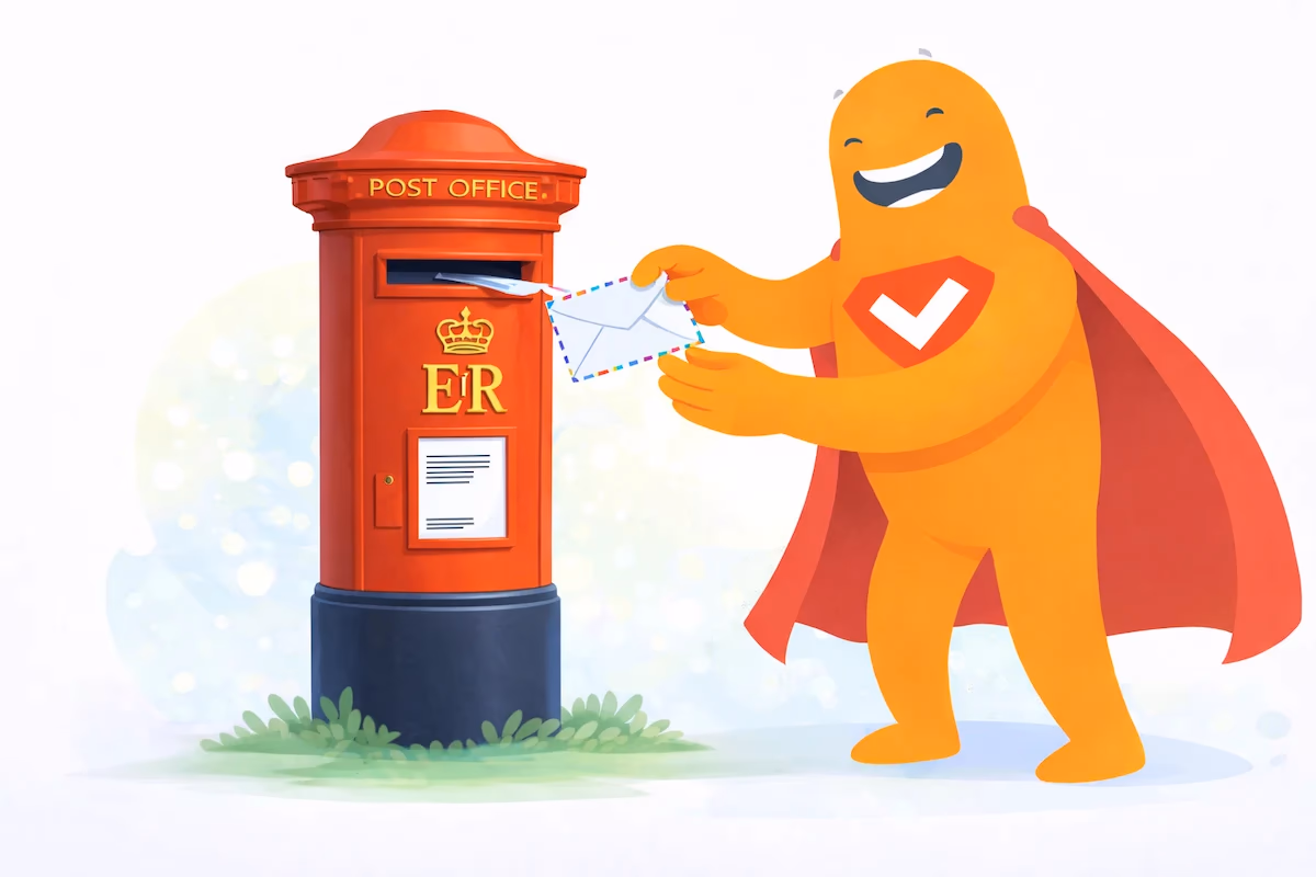 SurveyLegend mascot posting a letter into a red mailbox, representing postal surveys and mailed questionnaires.