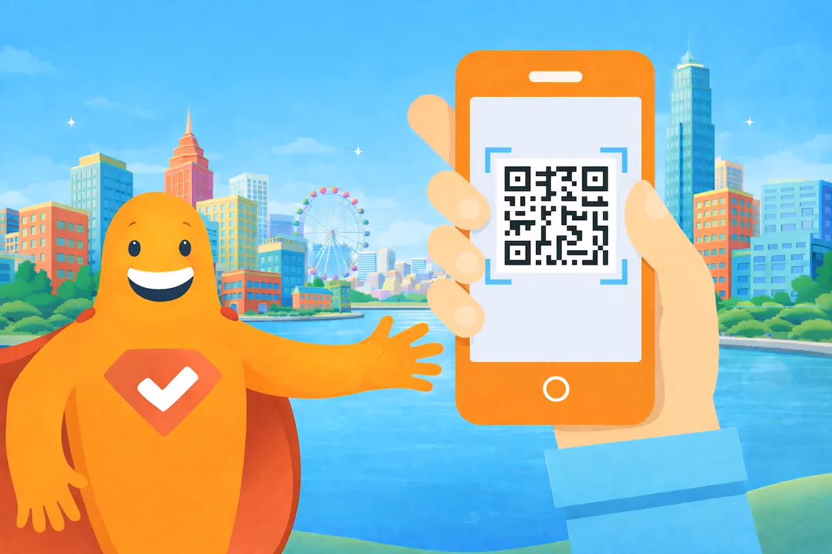 SurveyLegend mascot gestures toward a hand holding a smartphone that displays a QR code, with a colorful city skyline and waterfront in the background.