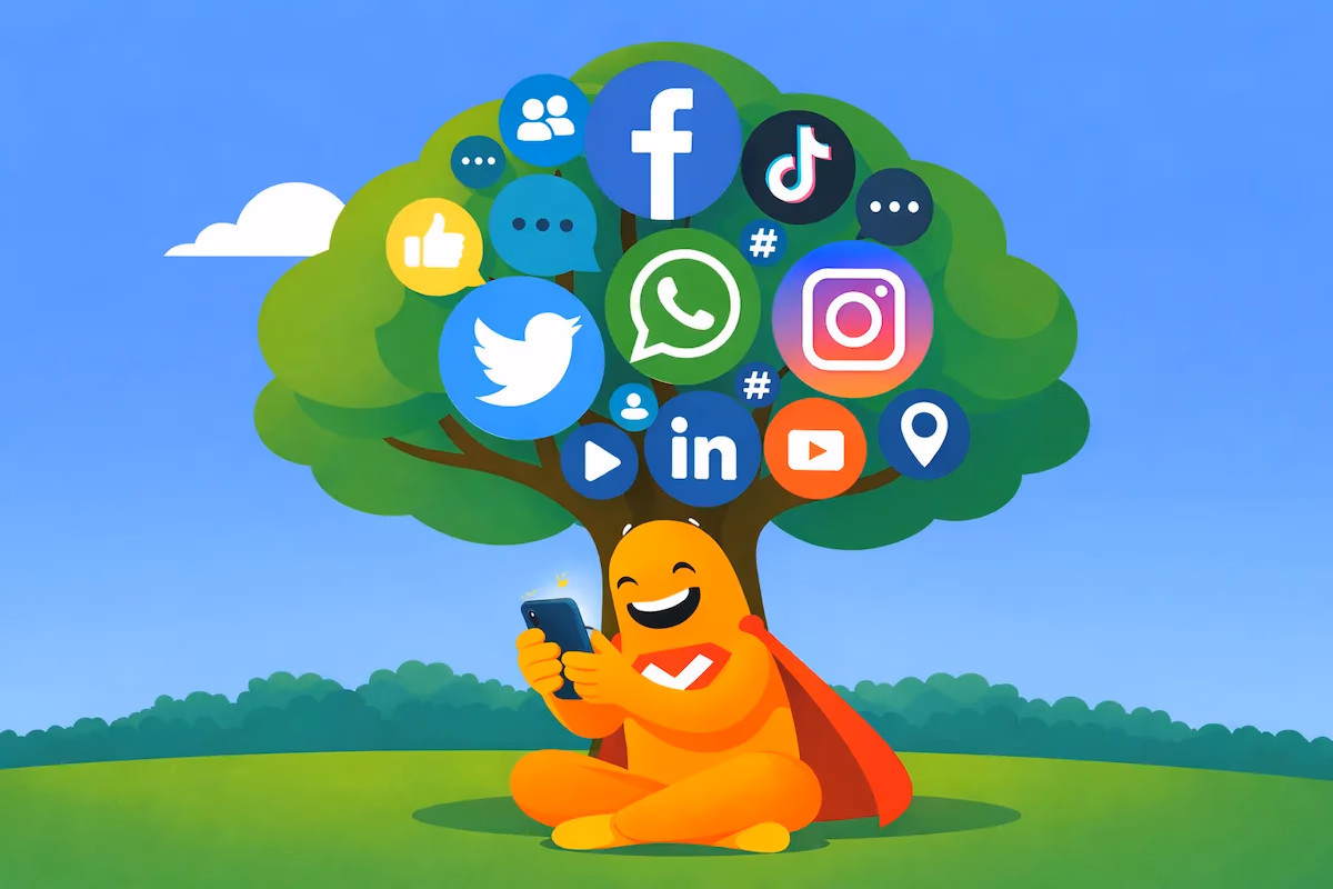 SurveyLegend mascot sitting on grass using a smartphone under a tree filled with social media icons like Facebook, Instagram, TikTok, Twitter, LinkedIn, WhatsApp, and YouTube, representing social media surveys.