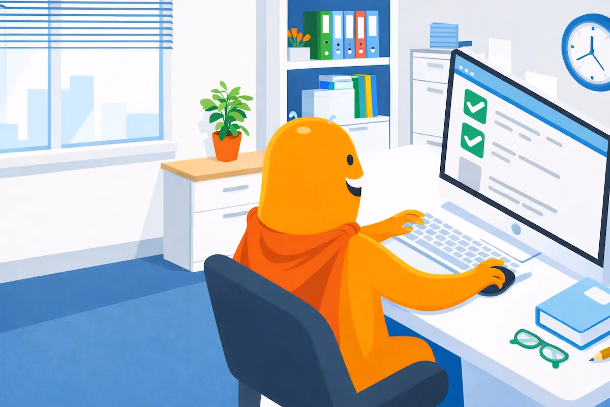 Illustration of the SurveyLegend mascot working at a desk on a desktop computer displaying an online survey form, representing web-based survey creation and response collection.