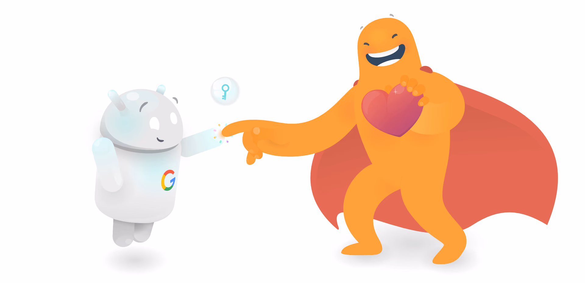 An illustration showing SurveyLegend's mascot and Google's robot, becoming friends