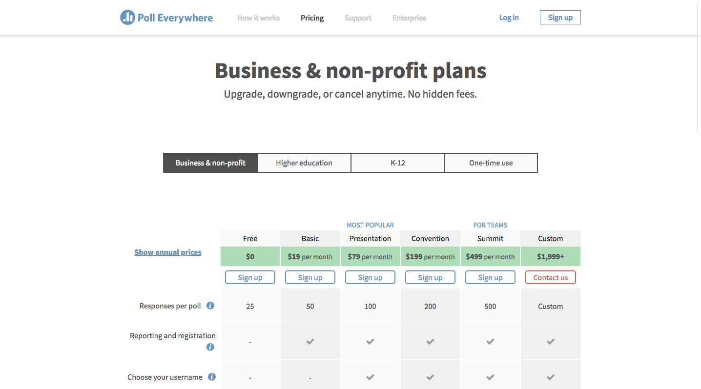 Poll Everywhere pricing page