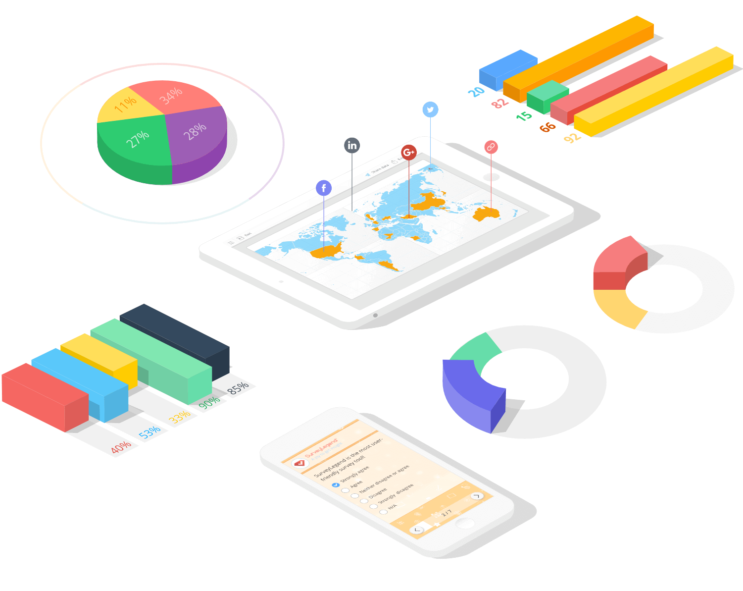 an illustration showing graphs of collected data and interface of surveylegend on a phone and a tablet