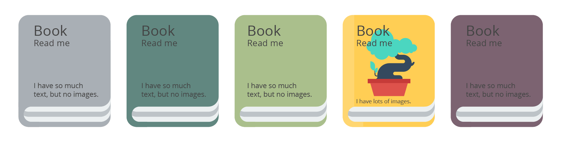 Which book would you choose to read? Wouldn't you pick the one with an image on it? How fast can you figure out each book's subject, or get interested to know more about it? What if these were surveys? Wouldn't you participate in the one that look more welcoming?