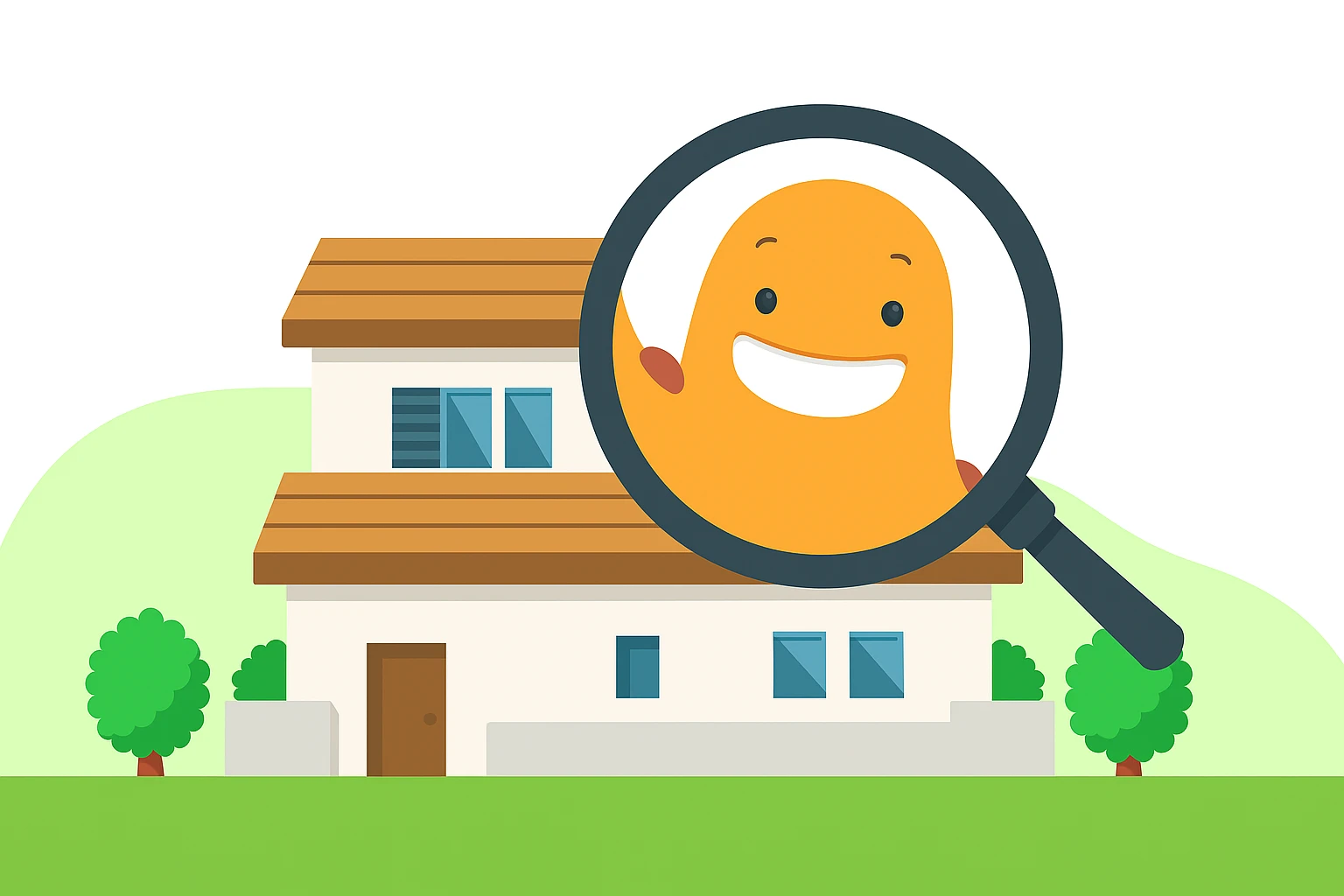 Illustration of a house with a smiling magnifying glass icon representing real estate survey questions.