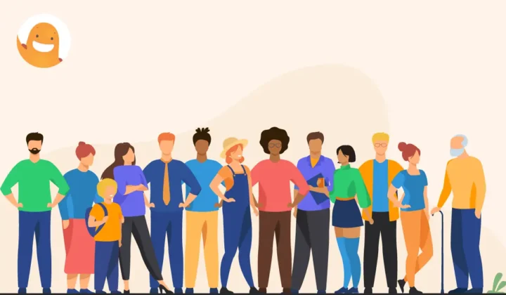 Illustration of diverse community members gathered together, symbolizing resident engagement through community surveys created with SurveyLegend.
