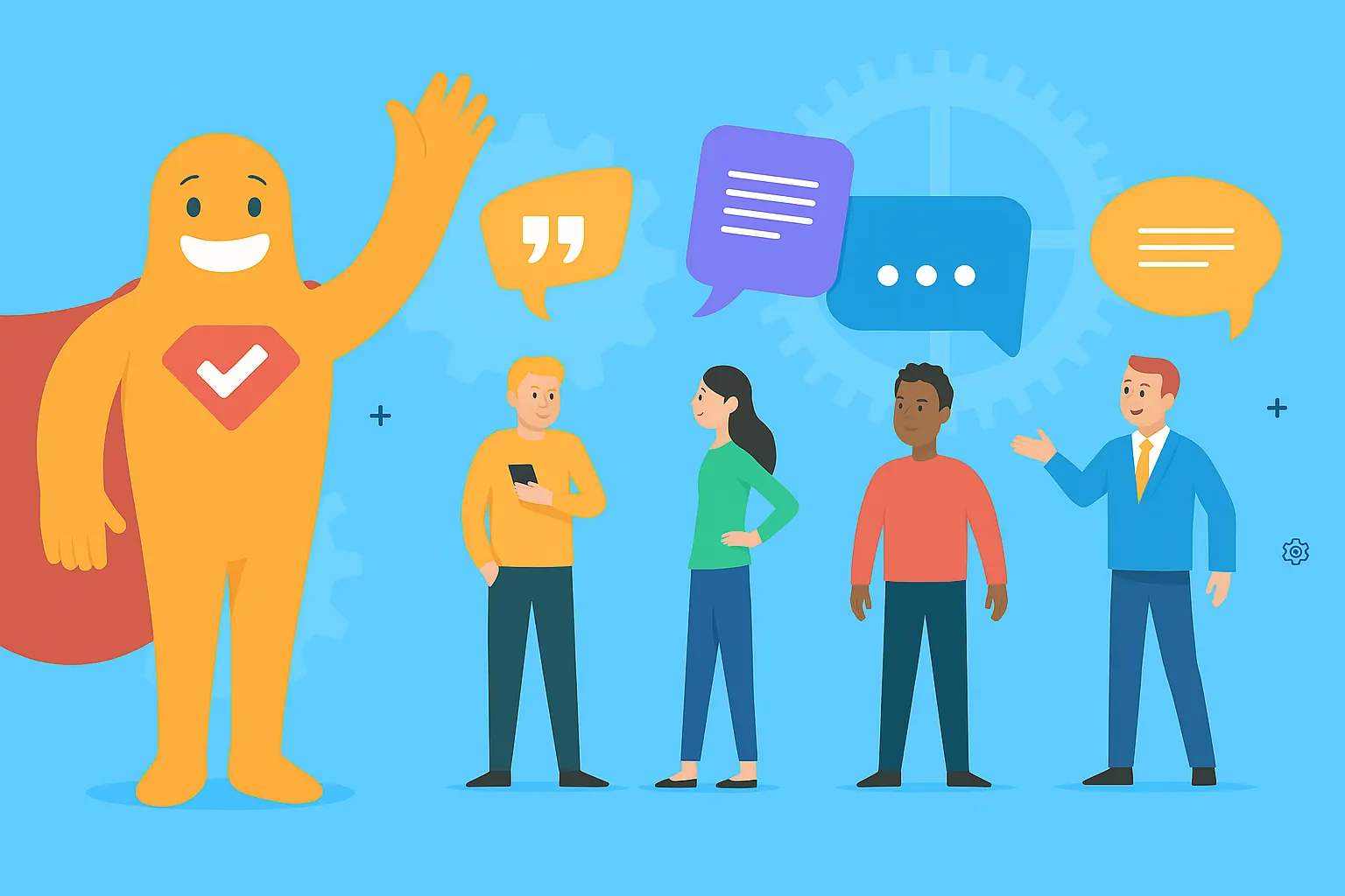 Illustration of four diverse people talking with a mascot character, symbolizing different types of leading and biased survey questions.