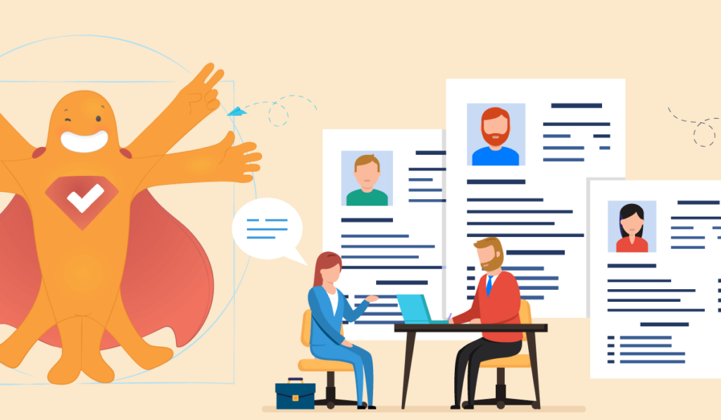 Illustration of job candidates completing interview questionnaires during a hiring process, highlighting pre-interview assessment and structured evaluation.