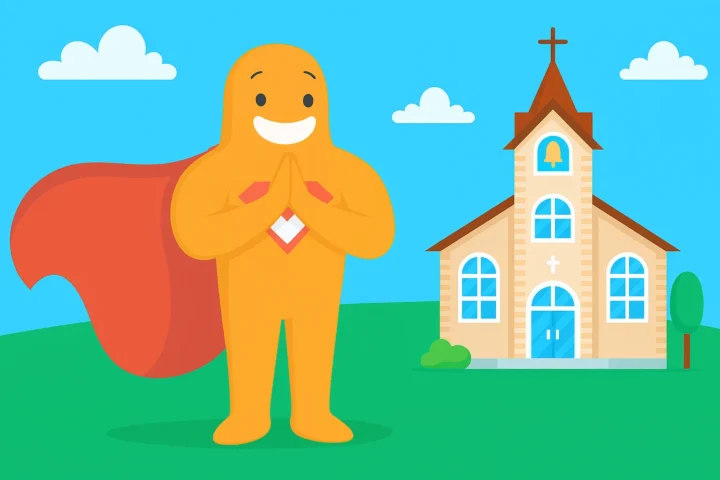 Illustration of a cheerful mascot character standing beside a church, representing a church and community-focused survey with SurveyLegend