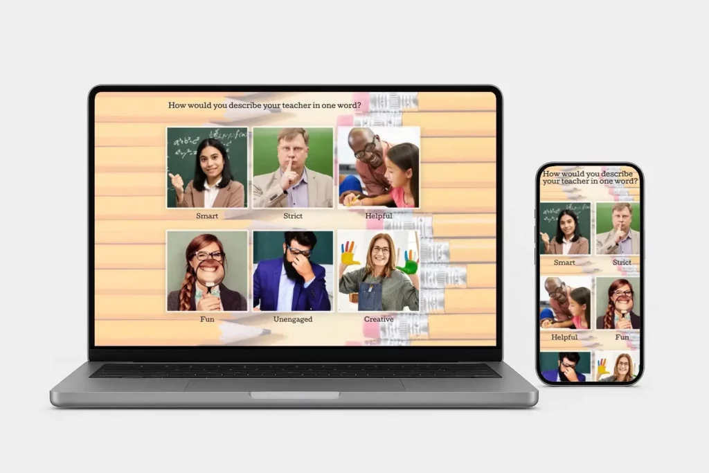 Laptop and smartphone displaying student survey results with photos of diverse students, highlighting digital tools used to collect classroom feedback and improve learning experiences.