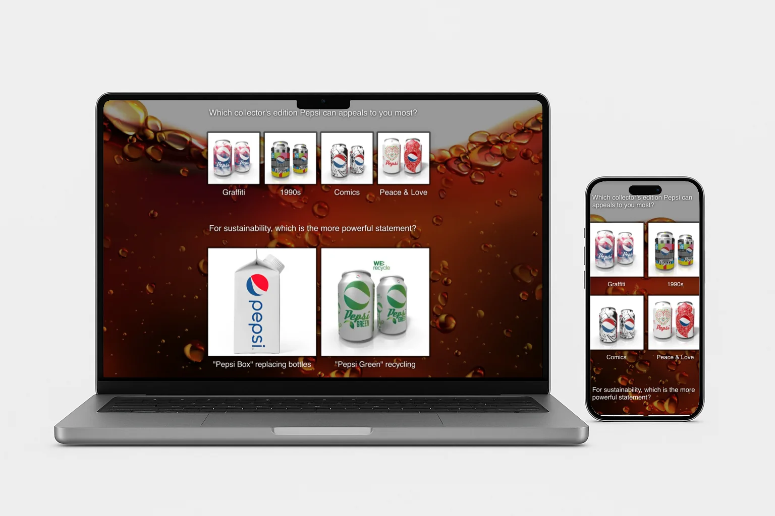 Laptop and smartphone displaying a product packaging survey with collector’s edition can designs and sustainability messaging options.