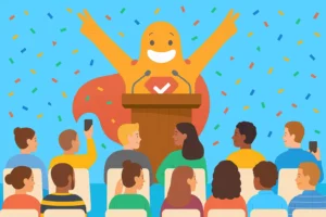 Illustration of a speaker on stage engaging an audience, symbolizing conference feedback collection using SurveyLegend surveys.