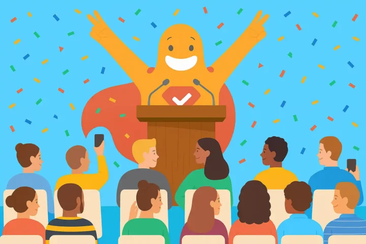 Illustration of a speaker on stage engaging an audience, symbolizing conference feedback collection using SurveyLegend surveys.