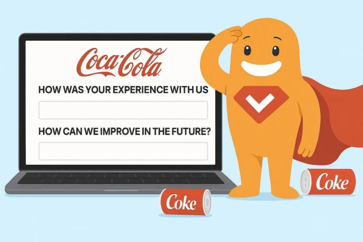 feedback survey on a laptop screen with a friendly cartoon mascot that belongs to SurveyLegend asking about user experience and future improvements.