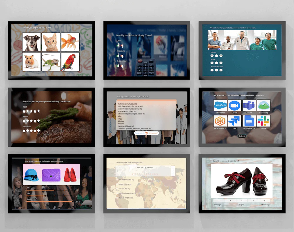 Grid of 9 digital survey screens showing various question types including image choice, star rating, dropdown, sliders, and multiple choice questions designed with SurveyLegend.