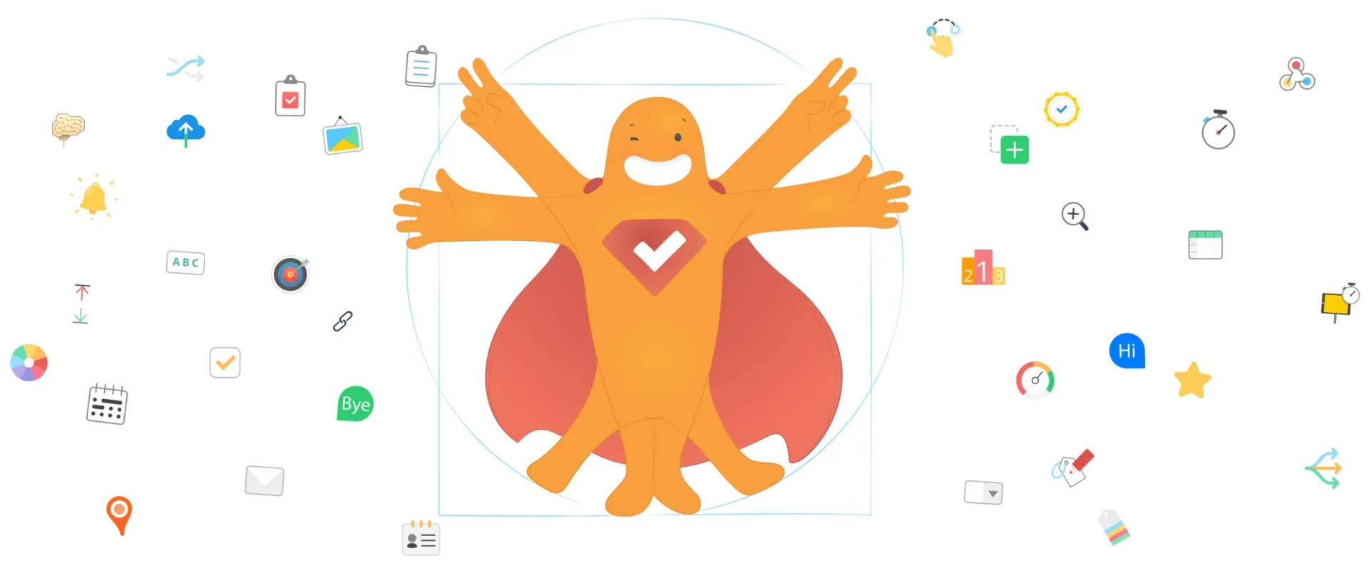 Illustration of SurveyLegend's orange mascot surrounded by colorful icons representing advanced survey, form and poll features, and questionnaire functionalities.