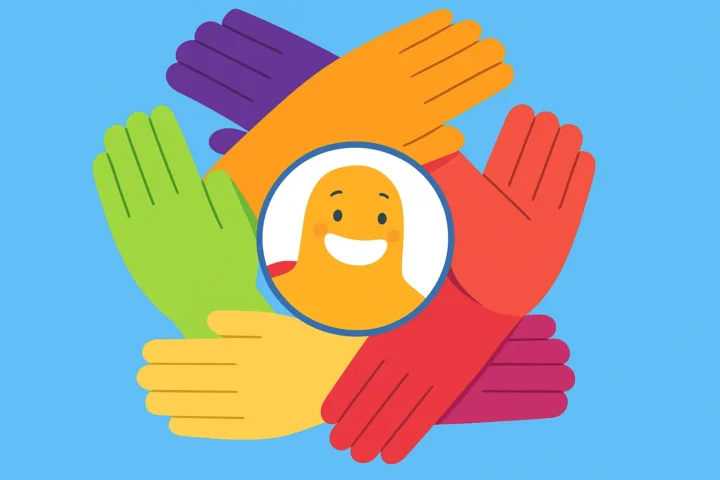Colorful hands symbolizing diversity and inclusion surrounding smiling SurveyLegend character.