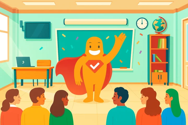 Illustration of cheerful teacher character engaging students, symbolizing teacher support and educational communication.
