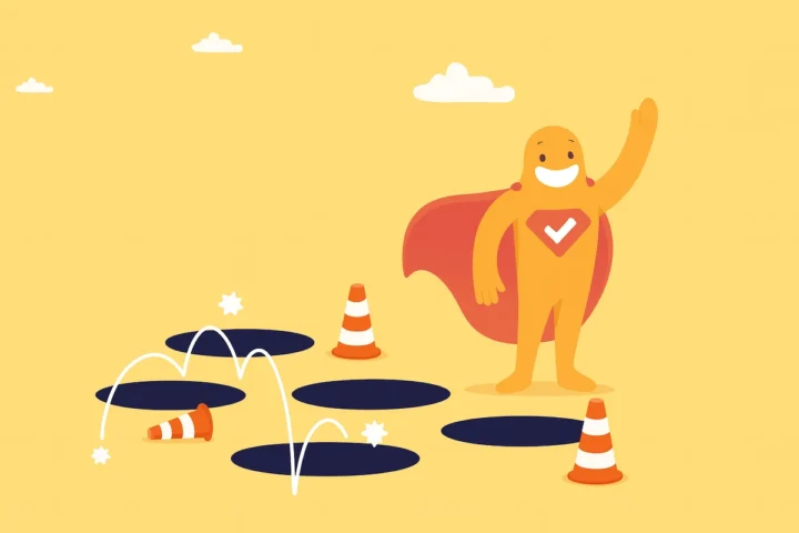 Illustration of superhero mascot avoiding survey pitfalls with traffic cones and holes, symbolizing common mistakes in image-based surveys