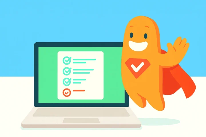 SurveyLegend mascot standing next to a laptop displaying a completed checklist, symbolizing honesty, accuracy, and trust in survey responses.