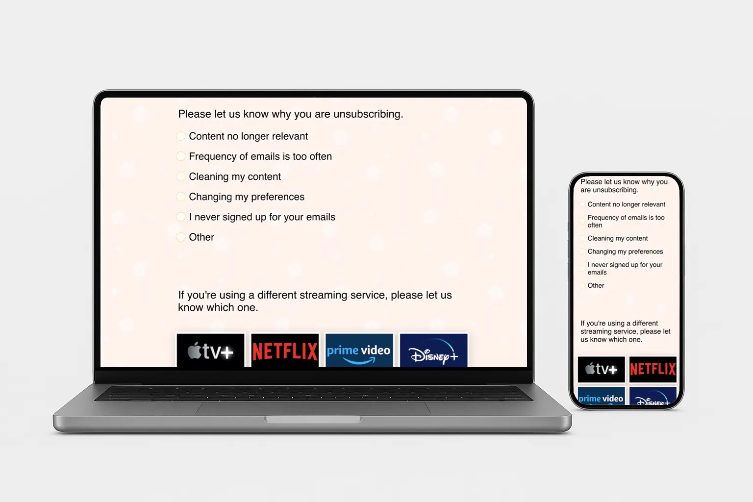 Laptop and smartphone showing unsubscribe survey asking users why they are opting out, including email frequency and content relevance