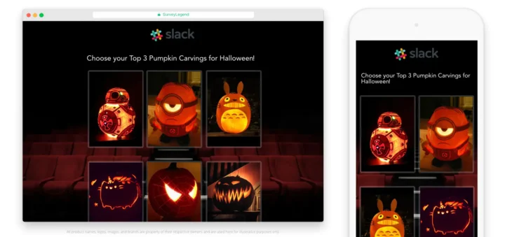 Screenshot of a SurveyLegend Halloween pumpkin carving contest survey displayed on desktop and mobile, showing image-based voting options for pumpkin designs.