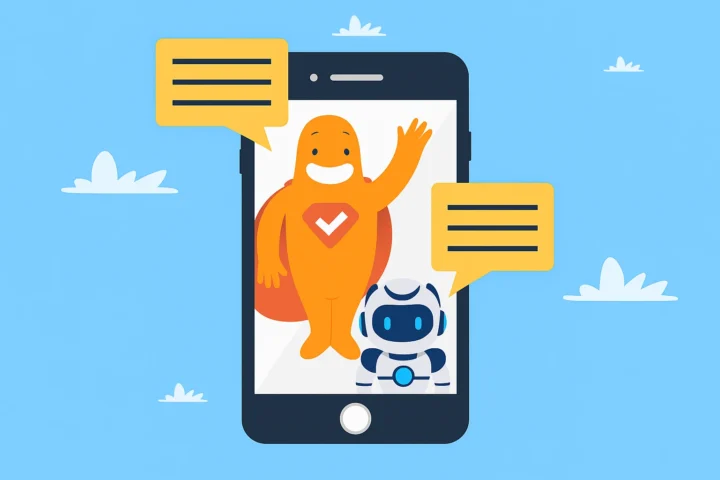 SurveyLegend mascot and robot inside a smartphone exchanging chat bubbles to represent AI-powered survey conversations