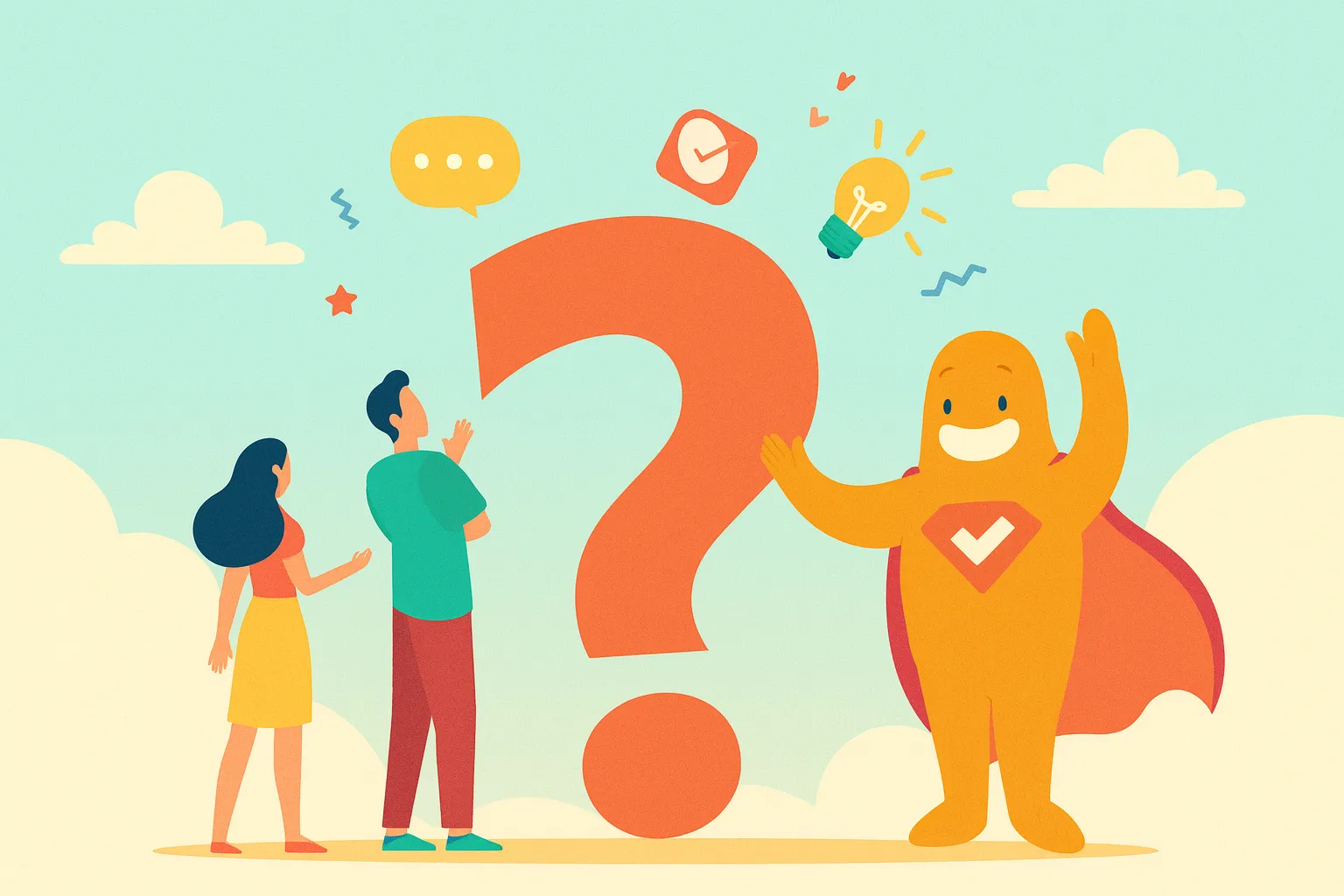 Illustration of two people and the SurveyLegend mascot standing beside a large question mark, symbolizing curiosity and creativity in open-ended survey questions.