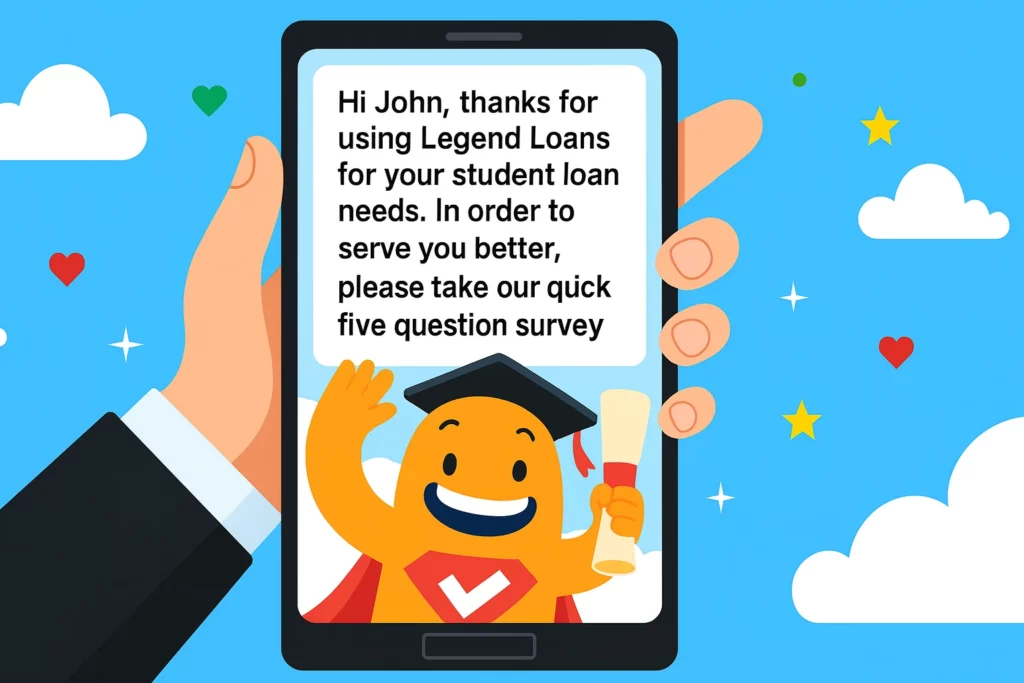SMS survey message on smartphone with SurveyLegend graduation mascot thanking a student loan customer and requesting feedback