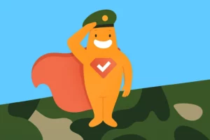 Illustration of the SurveyLegend mascot wearing a military hat and saluting, symbolizing leadership, service, and military survey research.