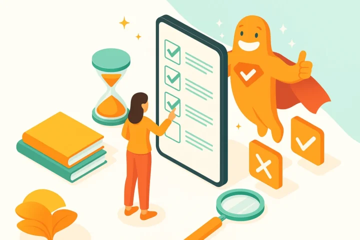 Illustration of a woman checking off survey questions on a large digital form with SurveyLegend mascot giving a thumbs up, surrounded by books, an hourglass, and magnifying glass.